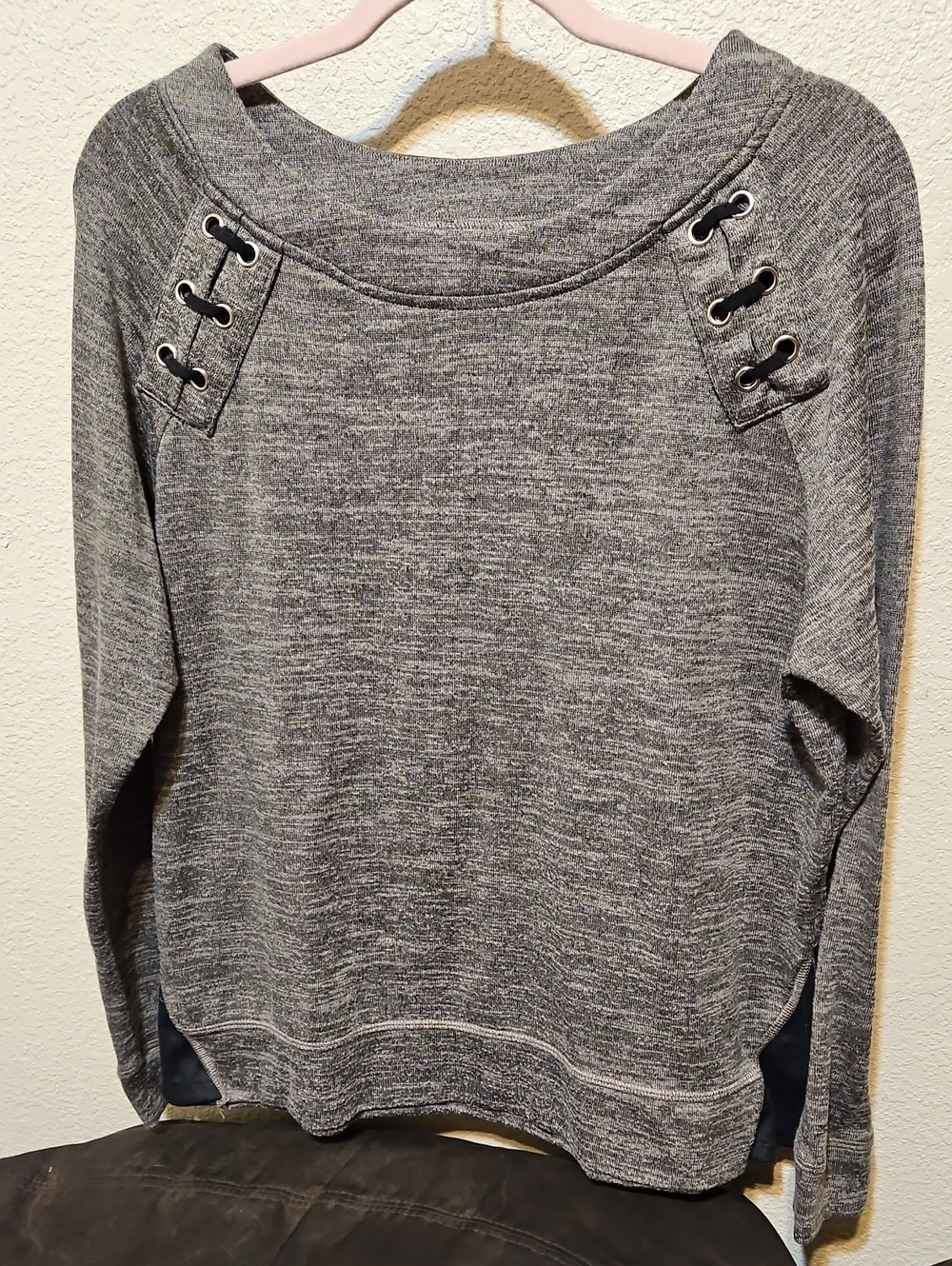 NY Collection Gray Lace-Up Shoulder Pullover